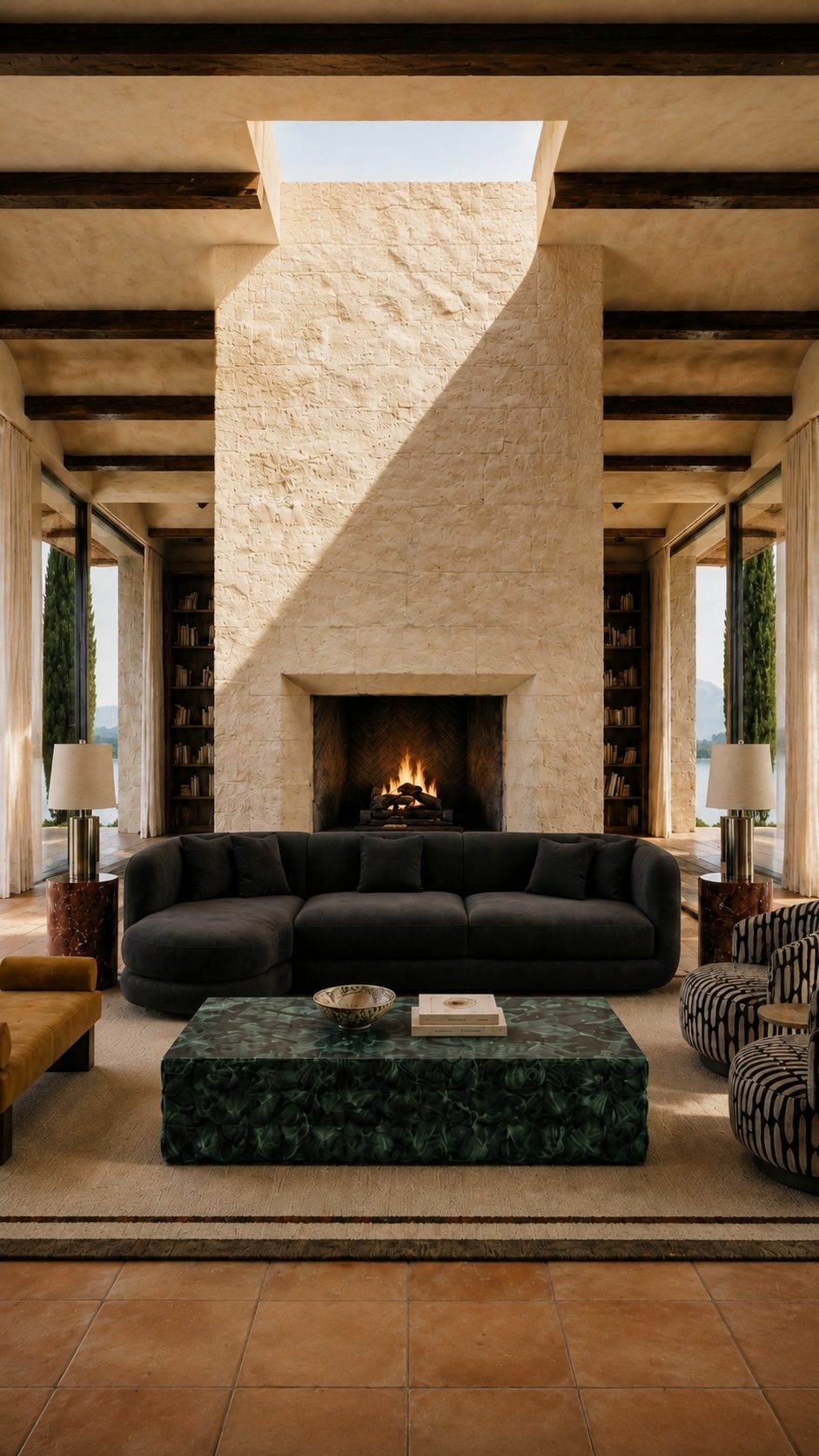 Living room with bespoke sofa, swivel chairs and bench
