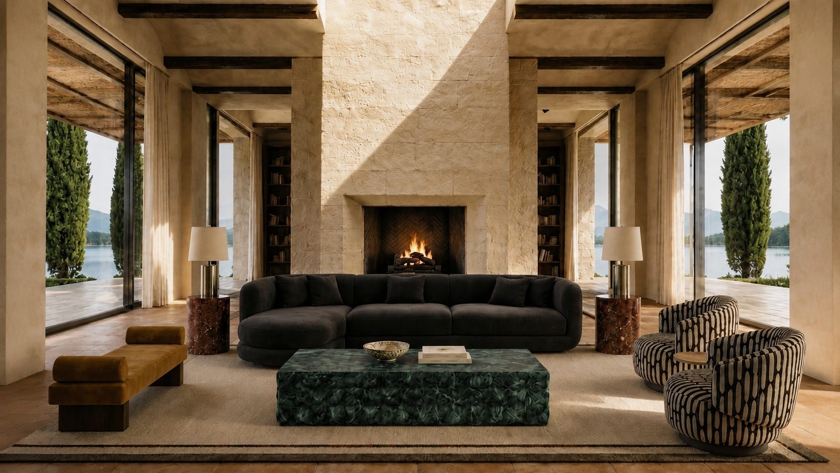 Living room with bespoke sofa, swivel chairs and bench
